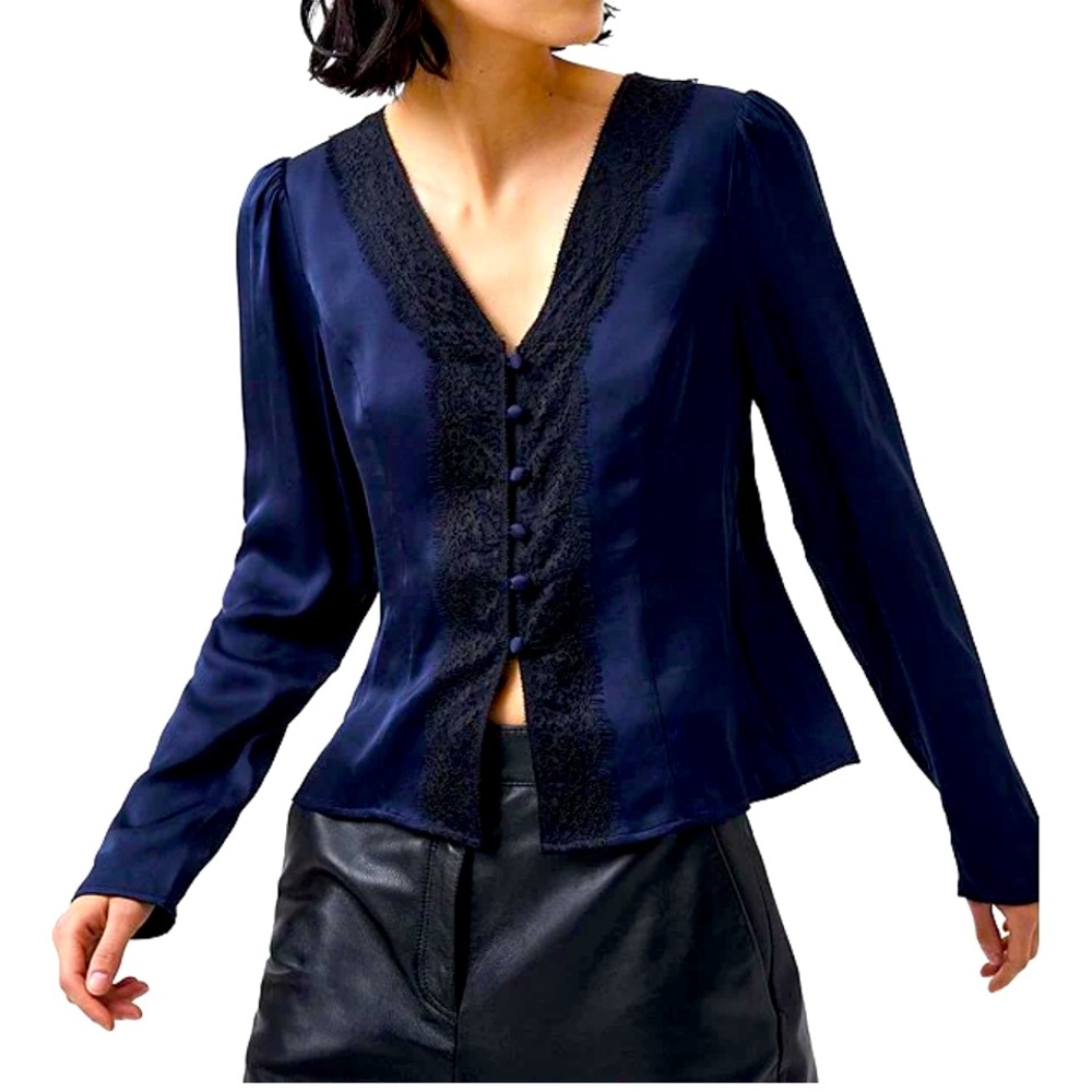 French Connection Ennis Satin V-Neck Lace Button Front Blouse size US 10